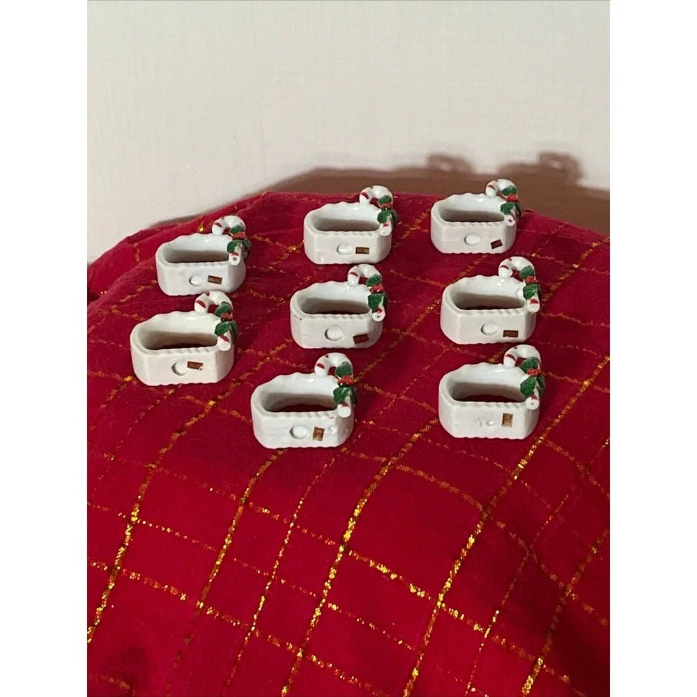 Holiday Christmas Ceramic Napkin Rings Candy Canes  and Holly Set of 8.